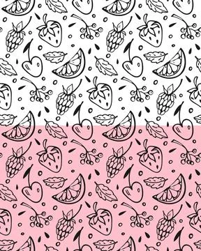 Summer Fruit mix seamless pattern. Hand drawn ink brush line, doodle cute design Stock Illustration