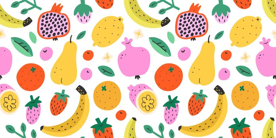Summer fruit pattern, cute cartoon doodles, fresh tropical fruit mix, colorful Stock Illustration