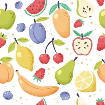 Summer fruit pattern. Fresh tropical and garden fruits doodle, organic Illustrazione stock