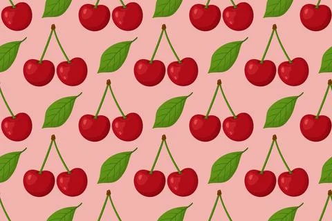 Summer fruit repeat texture, cute cartoon cherry and leaf vector Stock Illustration