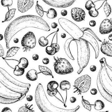 Summer fruit seamless pattern. Hand drawn vintage vector background. Fruit .. Stock Illustration