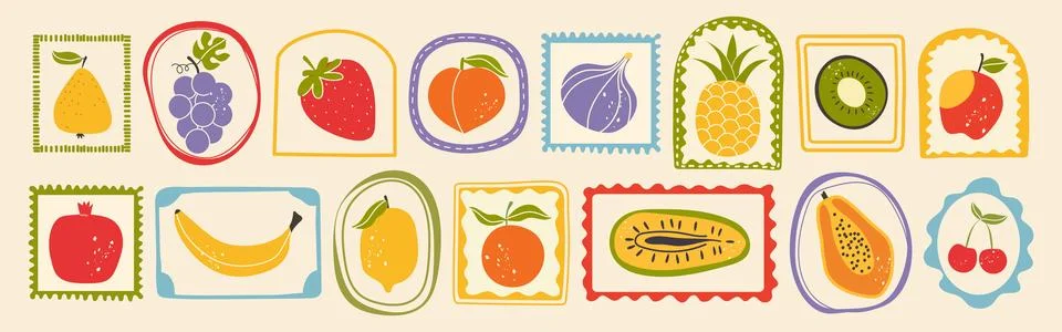Summer fruit set. Hand drawn berry and fruit. Retro look with charcoal line.. Stock Illustration