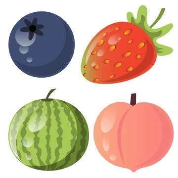 Summer fruit set Watermelon, strawberry, blueberry, peach on white backgrou.. Stock Illustration