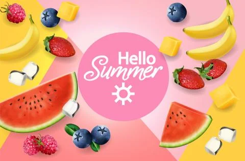 Summer fruits abstract pattern Vector realistic. 3d detailed textures. Banana Stockillustratie