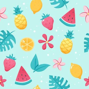 Summer fruits pattern. Cute watermelon, pineapple, lemon, leaves. Hand drawn 库存插图