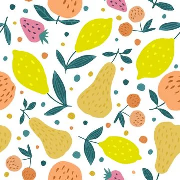 Summer fruits seamless pattern. Cherry berries, apples, lemons, pears and lea Stock Illustration