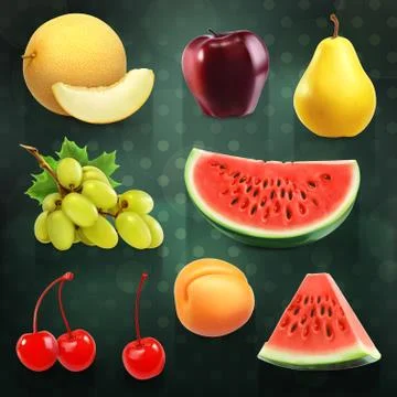 Summer fruits, set of vector illustrations on dark background Stock Illustration