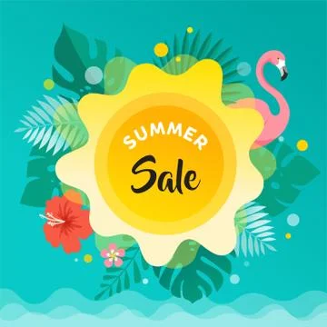 Summer fun background, sun, leaves and flamingo illustration and banner design Stock Illustration