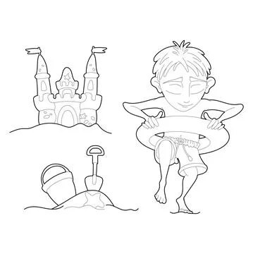 Summer fun. Boy on the beach. Set. Isolated on white background. Stock Illustration