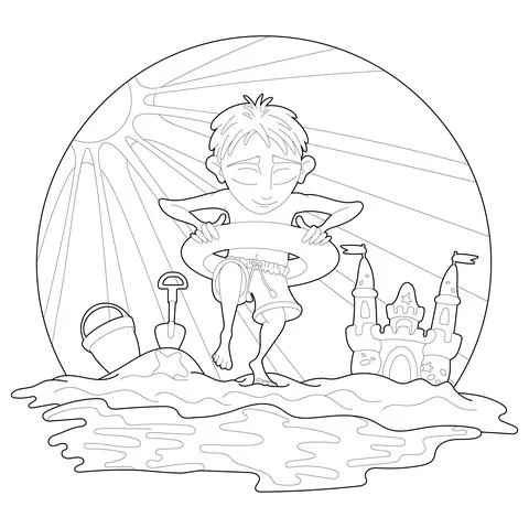 Summer fun coloring page. Boy on the beach. Antistress for kids and adults. Stock Illustration