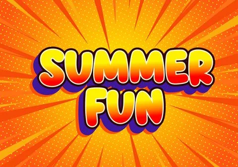 Summer fun comic text on bright sunburst background Stock Illustration