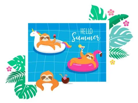 Summer fun illustration with cute characters of koalas and sloths, having fun Stock Illustration