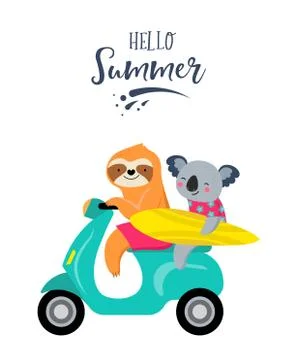 Summer fun illustration with cute characters of koalas and sloths, having fun Stock Illustration