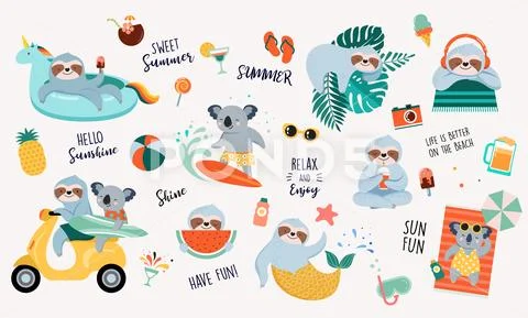Summer fun illustration with cute characters of koalas and sloths, having fun Stock Illustration