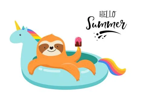 Summer fun illustration with cute sloth on unicorn swimming pool float. Concept Stock Illustration