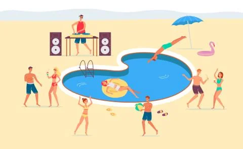 Summer fun party by the pool or beach vector flat illustration Stock Illustration
