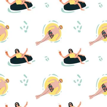 Summer fun pattern with diverse people relaxing and sunbathing Illustrazione stock