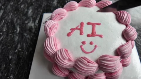 Summer Fun, White Cake with Pink Icing and AI Decoration Being Cut 스톡 동영상 277487482