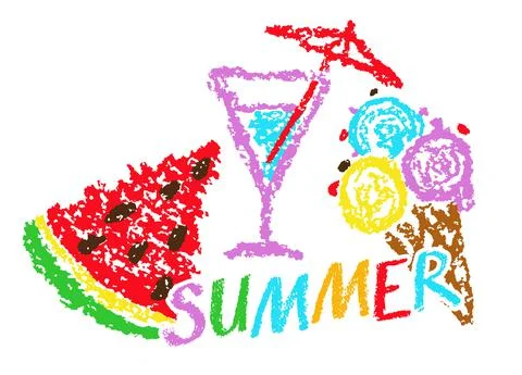 Summer funny hand drawn vector symbols. Ice cream, drink, watermelon. Stock Illustration