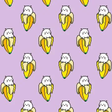 Summer funny pattern with cat. 8 bit cute white kitten on peeled banana. Cartoon Stock Illustration