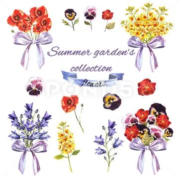 Summer garden's set with flowers and bouquets Stock Illustration