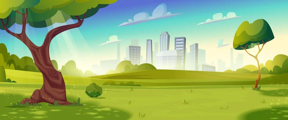 Summer glade with trees ,bushes, hills. Sunny day, blue sky. City skyscrapers Stock Illustration