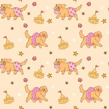 Summer golden retriever seamless pattern beach day goofy playful whimsical .. Stock Illustration