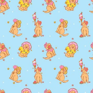 Summer golden retriever seamless pattern beach dog goofy playful whimsical .. Stock Illustration
