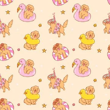 Summer golden retriever seamless pattern floating dog goofy playful whimsic.. Stock Illustration