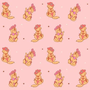 Summer golden retriever seamless pattern in bikini goofy playful whimsical .. 库存插图