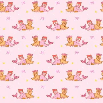 Summer golden retriever seamless pattern mermaid tail goofy playful whimsic.. Illustration