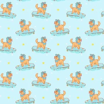Summer golden retriever seamless pattern surfboard goofy playful whimsical .. イラスト素材