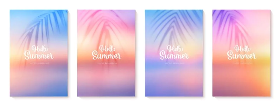 Summer gradient backgrounds set with palm leaf shadow. Sunrise or sunset in.. Stock Illustration