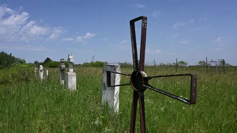 Summer grass blowing on a hot summer day in a poorly kept cemetery with a blue Stock Footage 312481240