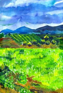 Summer green fields. Bright hand drawn illustration Stock Illustration