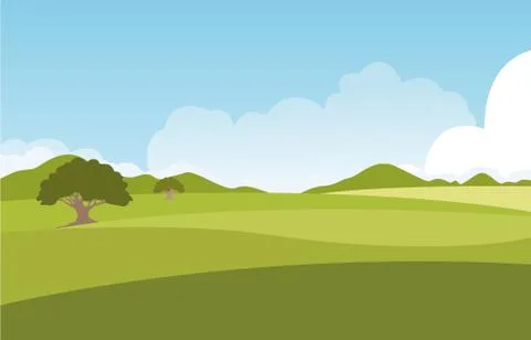 Summer green fields with grass,trees,white cloud and blue sky . Stock Illustration