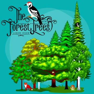 Summer Green Forest Tree and small animals in wild nature. Cartoon vector set Stock Illustration