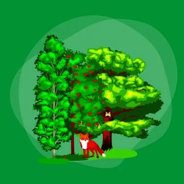 Summer Green Forest Tree and small animals in wild nature. Cartoon vector set Stock Illustration