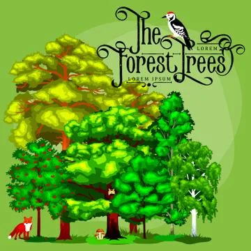 Summer Green Forest Tree and small animals in wild nature. Cartoon vector s.. Stock Illustration