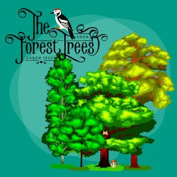 Summer Green Forest Tree and small animals in wild nature. Cartoon vector s.. Stock Illustration