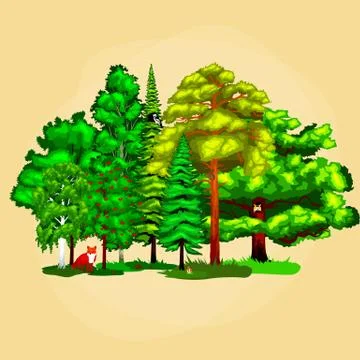 Summer Green Forest Tree and small animals in wild nature. Cartoon vector s.. Stock Illustration
