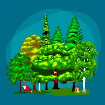 Summer Green Forest Tree and small animals in wild nature. Cartoon vector s.. Stock Illustration