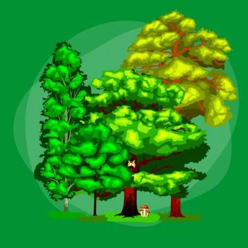 Summer Green Forest Tree and small animals in wild nature. Cartoon vector s.. Stock Illustration