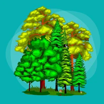 Summer Green Forest Tree and small animals in wild nature. Cartoon vector s.. Stock Illustration