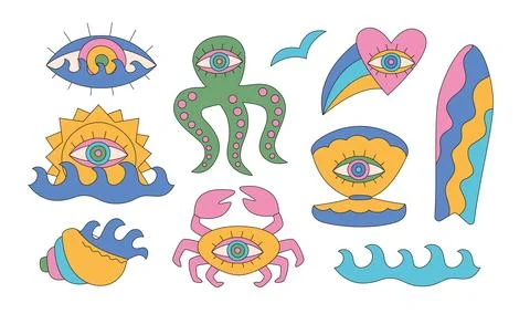 Summer groovy abstract surf, waves, shell, crab, octopus. Trippy bright designs Stock Illustration