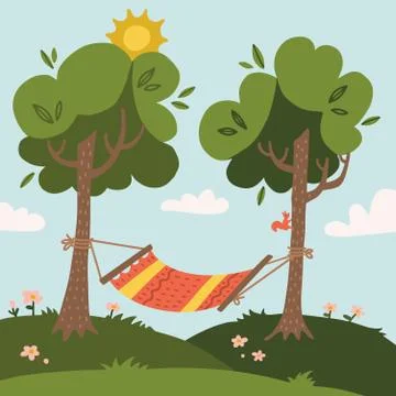 Summer hammock with trees in forest or garden, grass, sun and clouds. Flat ve Stock Illustration