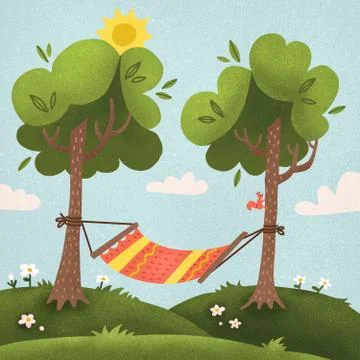 Summer hammock with trees in forest or garden, grass, sun and clouds. Flat te Stock Illustration