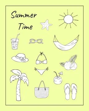 Summer hand drawn doodles set with beach objects coconut cocktail swimsuit .. Stockillustratie