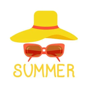 Summer - hand lettering design with a beach hat and sunglasses. 스톡 일러스트