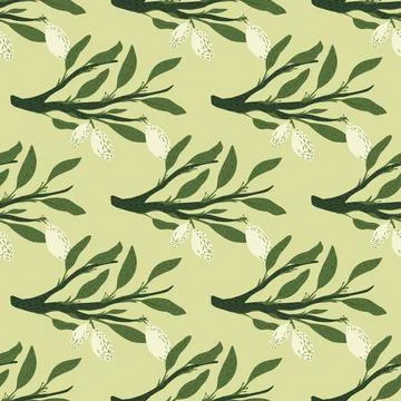 Summer harvest seamless citrus pattern with white lemon shapes and green leav Stock Illustration
